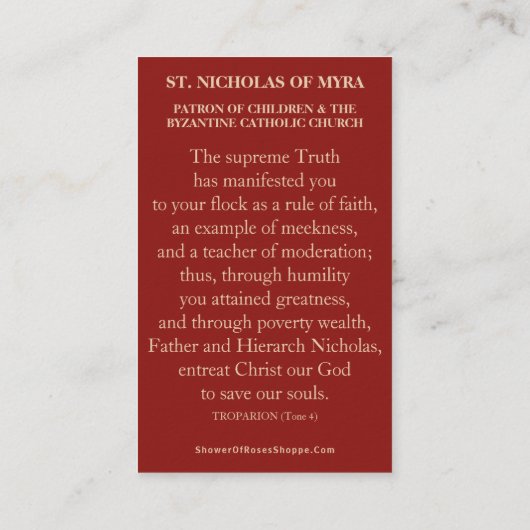 BISHOP ST. NICHOLAS VAN MYRA PRAYER HOLY KAARTEN VISITEKAARTJE (Achterkant)