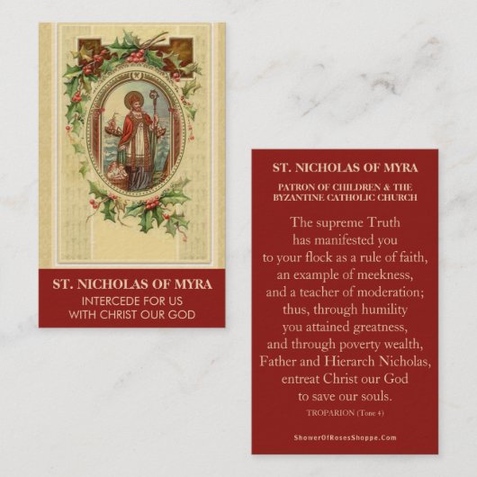 BISHOP ST. NICHOLAS VAN MYRA PRAYER HOLY KAARTEN VISITEKAARTJE (Voorkant / Achterkant)