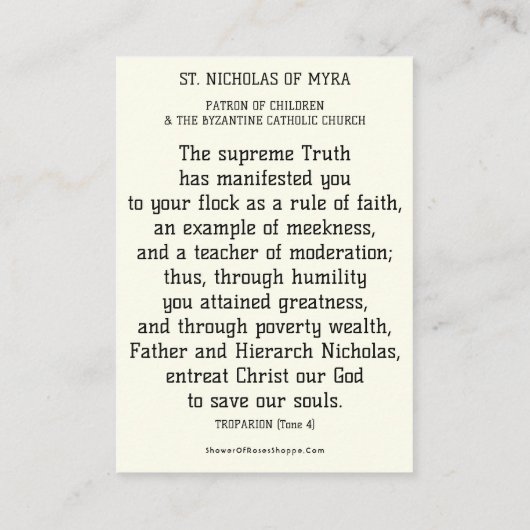 BISHOP ST. NICHOLAS VAN MYRA PRAYER HOLY KAARTEN VISITEKAARTJE (Achterkant)