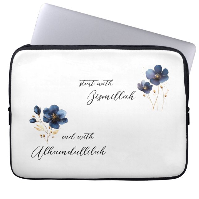 Bismillah Alhamdullilah Navy Gold Floral Laptop Sleeve (Voorkant)