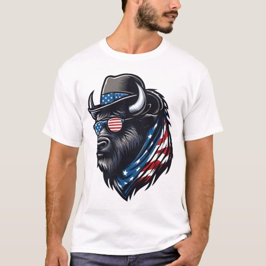 Bison Amerikaanse Vlag USA Bison 4 juli Mannen Jon T-shirt (Voorkant)