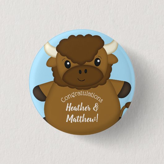 Bison Buffalo Baby shower Blue Ronde Button 3,2 Cm (Voorkant)