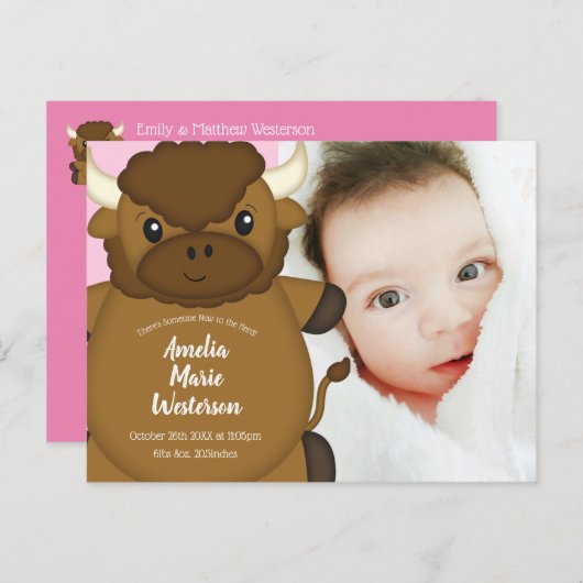 Bison Buffalo Baby shower Roze Briefkaart (Voorkant / Achterkant)