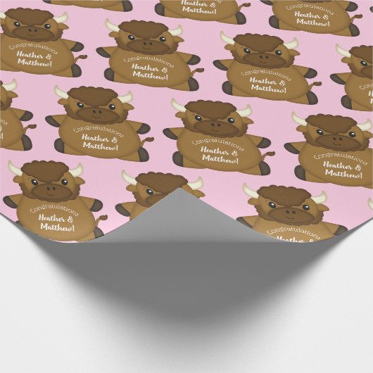 Bison Buffalo Baby shower Roze Cadeaupapier (Hoek)