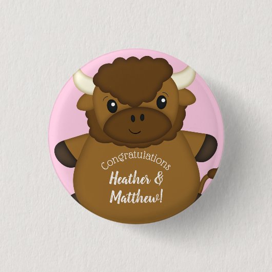 Bison Buffalo Baby shower Roze Ronde Button 3,2 Cm (Voorkant)
