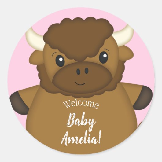 Bison Buffalo Baby shower Roze Ronde Sticker (Voorkant)