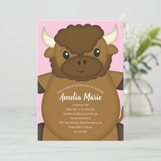 Bison Buffalo Birthday Party roze Kaart (Staand voorkant)