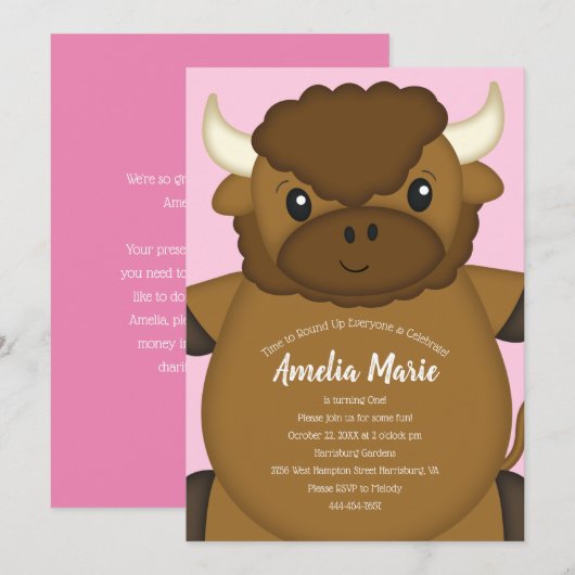 Bison Buffalo Birthday Party roze Kaart (Voorkant / Achterkant)