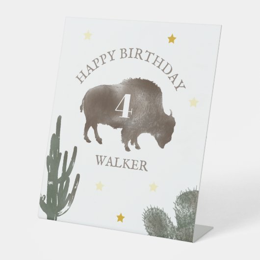 Bison Buffalo Desert Cactus Ranch Westerne Birthda Reclamebord Met Voetstuk (Voorkant)