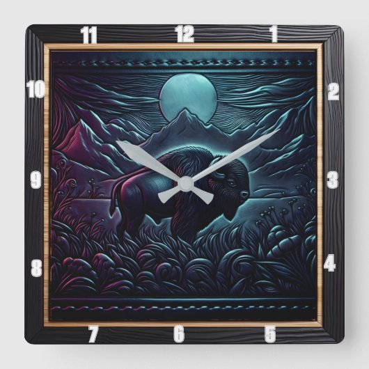 Bison Buffalo Midnight Bison Vierkante Klok (Voorkant)