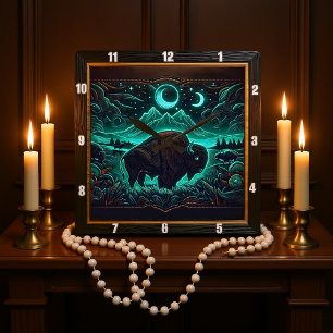 Bison Buffalo Moonlit Neon Bison Vierkante Klok
