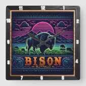 Bison Buffalo Neon Bison Sunset Vierkante Klok (Voorkant)