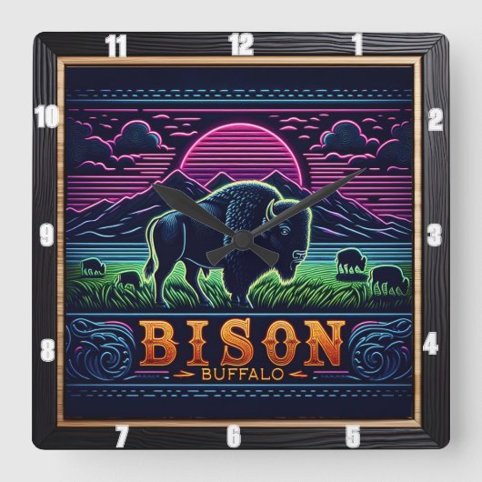 Bison Buffalo Neon Bison Sunset Vierkante Klok (Voorkant)