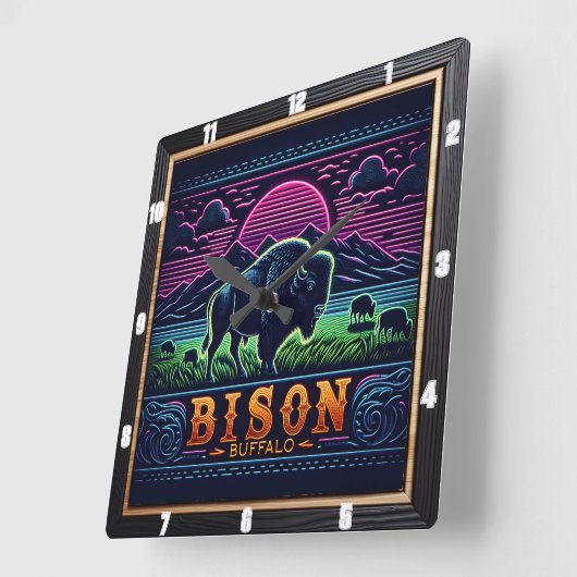Bison Buffalo Neon Bison Sunset Vierkante Klok (Hoek)