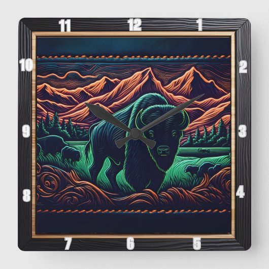 Bison Buffalo Neon Bison Vierkante Klok (Voorkant)