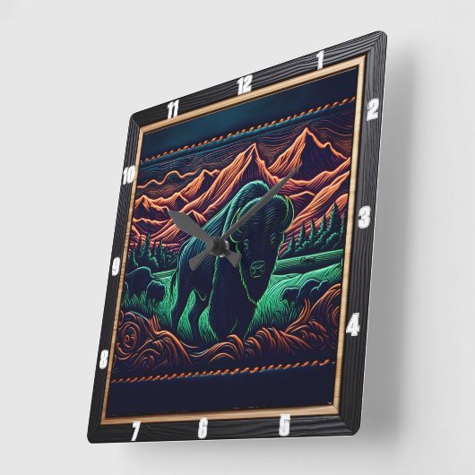 Bison Buffalo Neon Bison Vierkante Klok (Hoek)