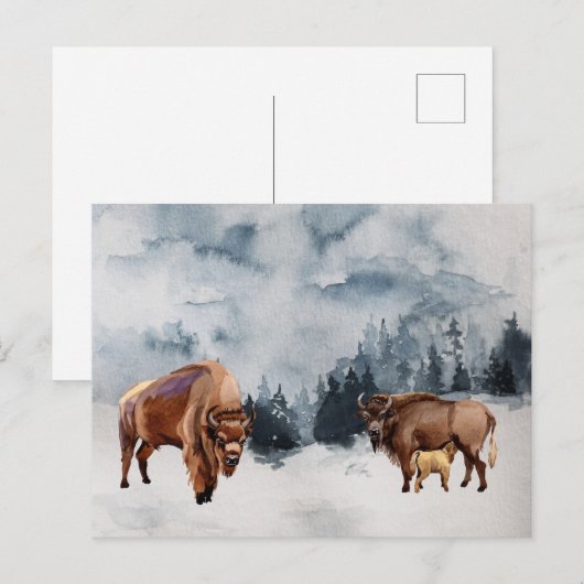 Bison Buffalo Waterverf Landschap Winter Feestdagenkaart (Voorkant / Achterkant)