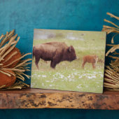 Bison en kalf in geelsteen fotoplaat (Zijkant)