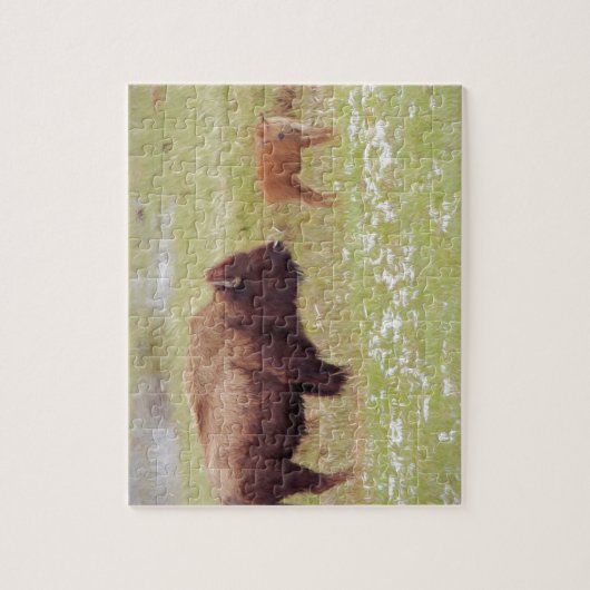 Bison en kalf in geelsteen legpuzzel (Verticaal)