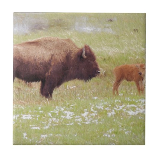 Bison en kalf in geelsteen tegeltje (Voorkant)