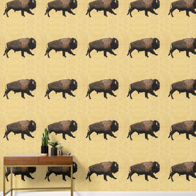 Bison gatsen op oud papier behang (Hal)