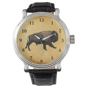 Bison gatsen op oud papier horloge
