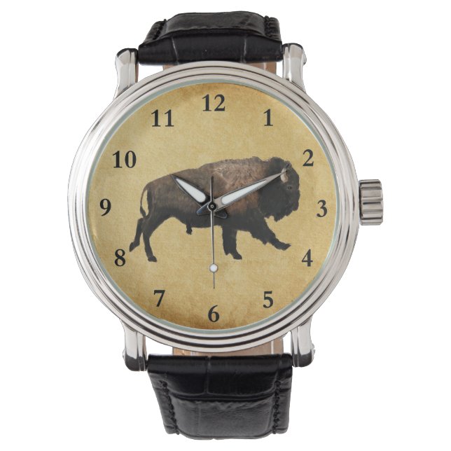 Bison gatsen op oud papier horloge (Voorkant)