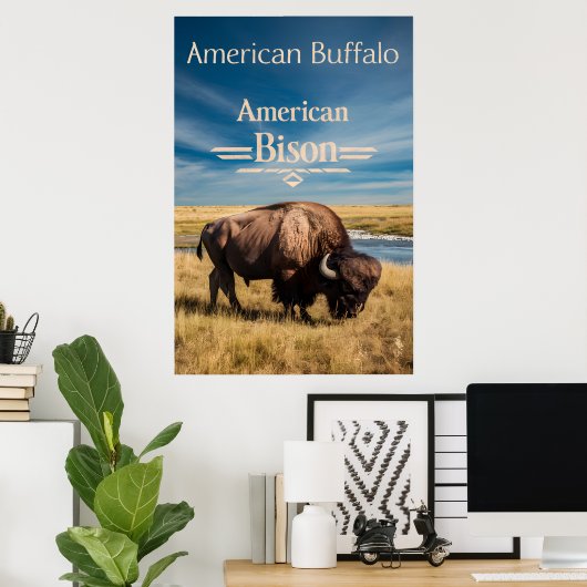 Bison Grazing aan de rivier Poster (Thuiskantoor)