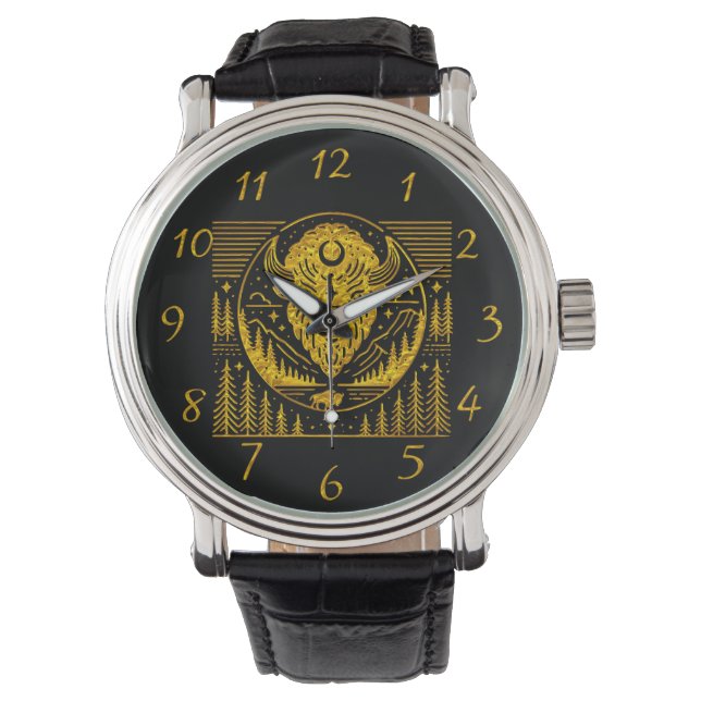 Bison Head silhouet tegen bergachtige achtergrond Horloge (Voorkant)