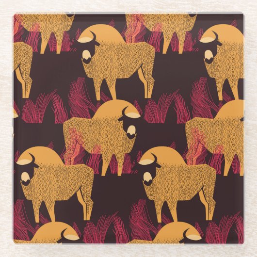 Bison High Grass: Veldpatroon. Glazen Onderzetter (Voorkant)