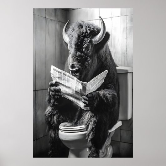 Bison on Toilet Print, Funny Bathroom Newspaper Poster (Voorkant)