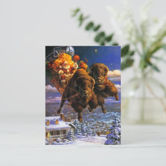 Bison Pulling Santa Claus Feestdagenkaart (Staand voorkant)