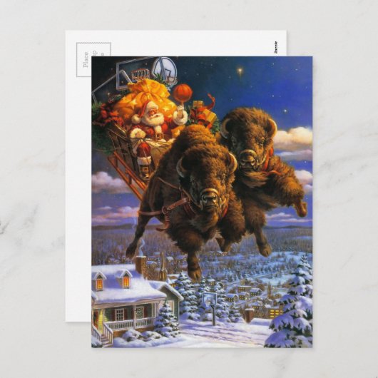 Bison Pulling Santa Claus Feestdagenkaart (Voorkant / Achterkant)