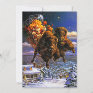 Bison Pulling Santa Claus Holiday Kaart
