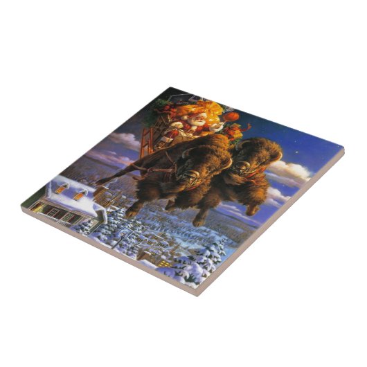 Bison Pulling Santa Claus Tegeltje (Zijkant)