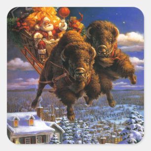 Bison Pulling Santa Claus Vierkante Sticker