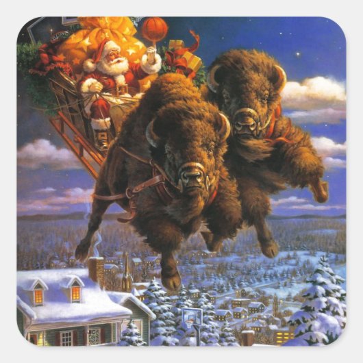 Bison Pulling Santa Claus Vierkante Sticker (Voorkant)