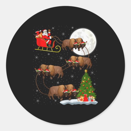 Bison Santa Sleigh Flying Funny Magical Christmas  Ronde Sticker (Voorkant)
