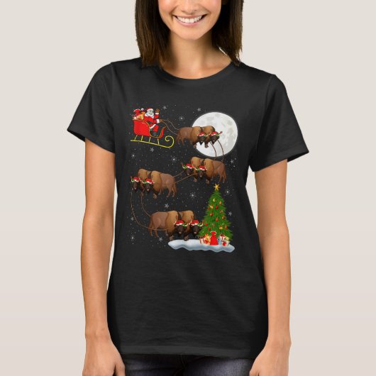 Bison Santa Sleigh Flying Funny Magical Christmas T-shirt (Voorkant)