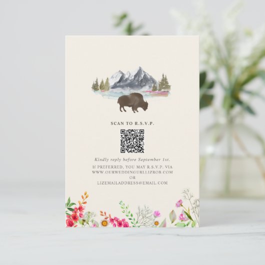Bison Waterverf Bergen Bloemen Huwelijk QR RSVP Kaartje (Staand voorkant)