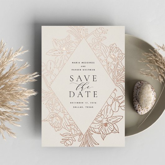 Bisque | Floral Diamond Folie Save the Date Card Folie Uitnodiging