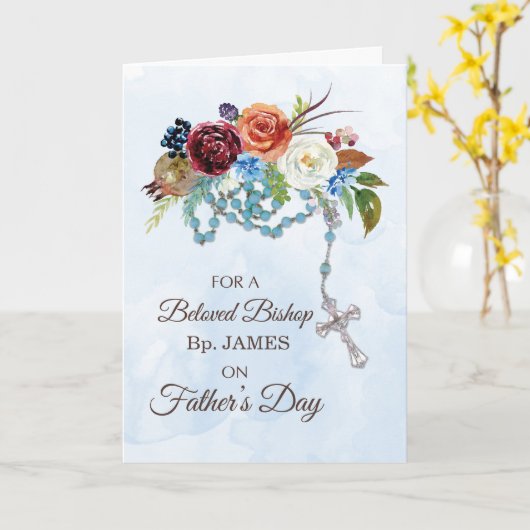 Bisschop vaders dag met rozenkrans kleurrijke bloe kaart (Gele Bloem)