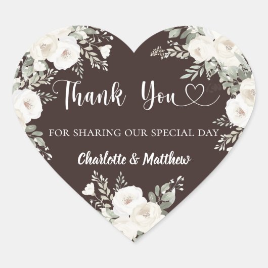 Bister bruin witte bloemen hart dank u bruiloft hart sticker (Voorkant)