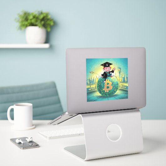 Bitcoin Afstuderen Sticker (Laptop op bureau)