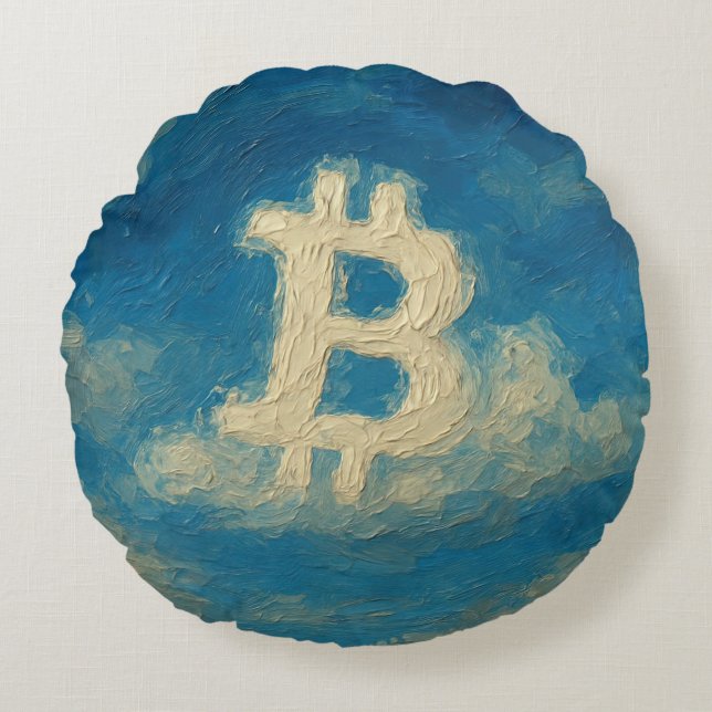 Bitcoin Blauwe Lucht (Olie, Stijl: 3) Rond Kussen (Voorkant)