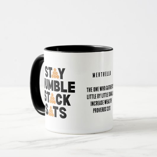 Bitcoin BLIJF NEDERIG STACK SATS Christelijke Cryp Mok (Voorkant links)