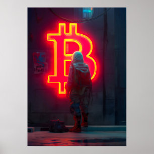 Bitcoin Cyber City Neon Symbool Poster