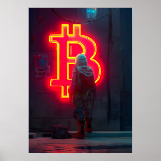 Bitcoin Cyber City Neon Symbool Poster