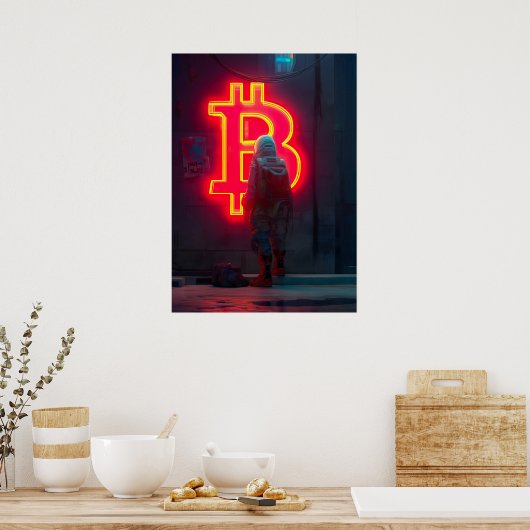 Bitcoin Cyber City Neon Symbool Poster (Keuken)