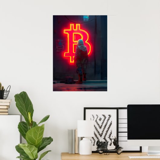 Bitcoin Cyber City Neon Symbool Poster (Thuiskantoor)